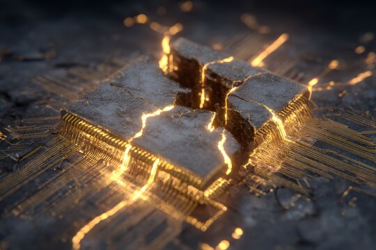 Broken computer chip with glowing circuits and cracks