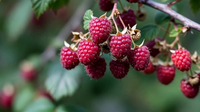 Slow tracking close up of ripe raspberries hanging and swaying on branch in garden backyard during summer morning