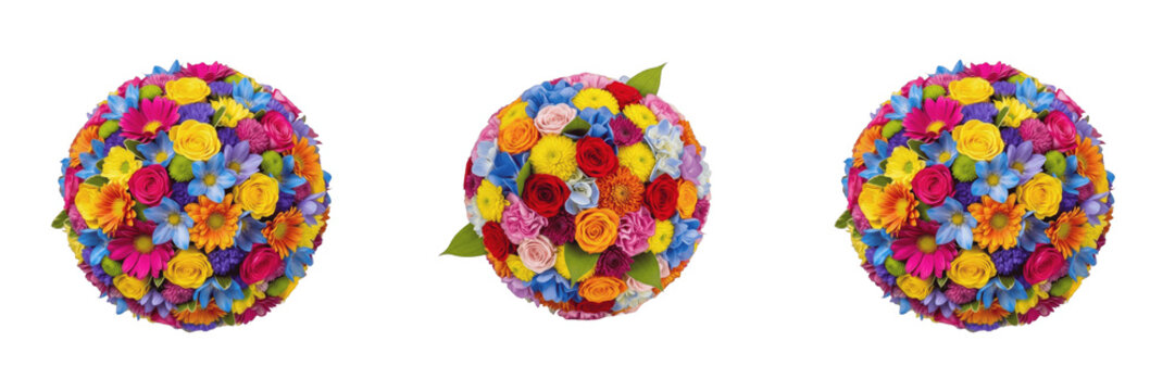 Colorful Round Flower Bouquet Ball, Vibrant Spring Floral Arrangement, Wedding Celebration Decor, Realistic Garden Blossom PNG Ass