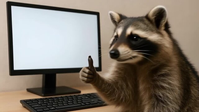 Humorous raccoon sitting at an office desk in front of a desktop computer with a blank white screen, giving a thumbs up gesture and looking at the camera with a happy and surprised expression