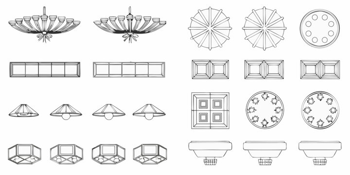 Line drawing collection of chandelier and table layouts top view