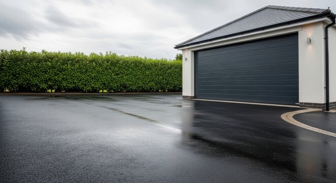 Smooth, damp tarmac driveway leading to a modern garage door on an overcast day