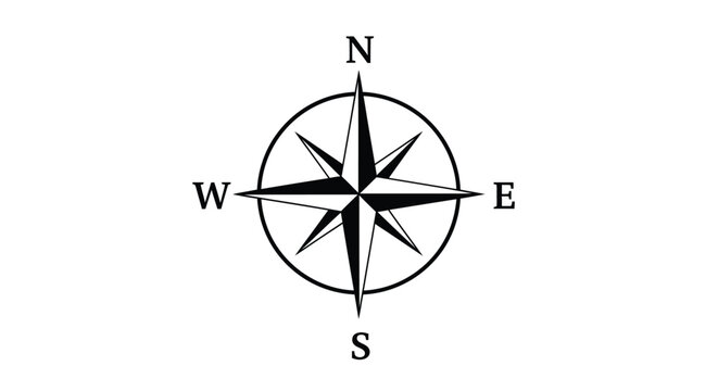 Simple black and white compass rose icon showing north east south and west directions