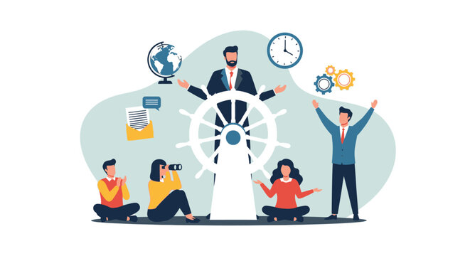 Teamwork and leadership with a captain steering ship wheel towards global success and innovation