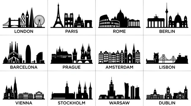 Europe City Skyline Silhouettes Set with Famous Landmarks
