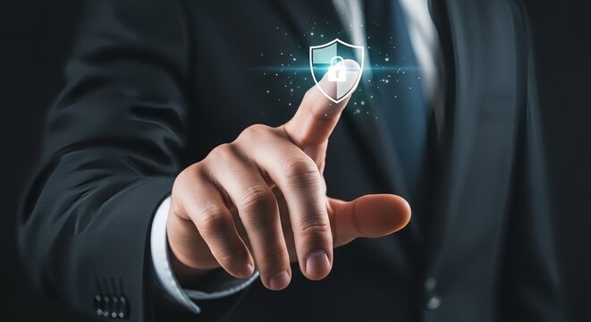 Businessman touching digital shield icon, concept of cybersecurity and data protection, modern technology.