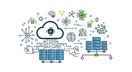 AI Cloud Computing Network with Servers and Brain Icons © wowo