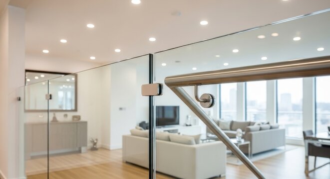 Sleek glass balustrade with polished chrome handrail in a modern residential interior