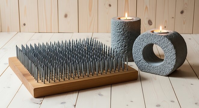Nail Board with Candles on Wooden Table Indoor
