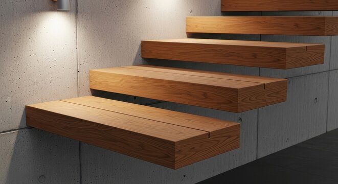 Warm wood grain composite steps with subtle curves ascend against textured concrete walls, showcasing modern interior design.
