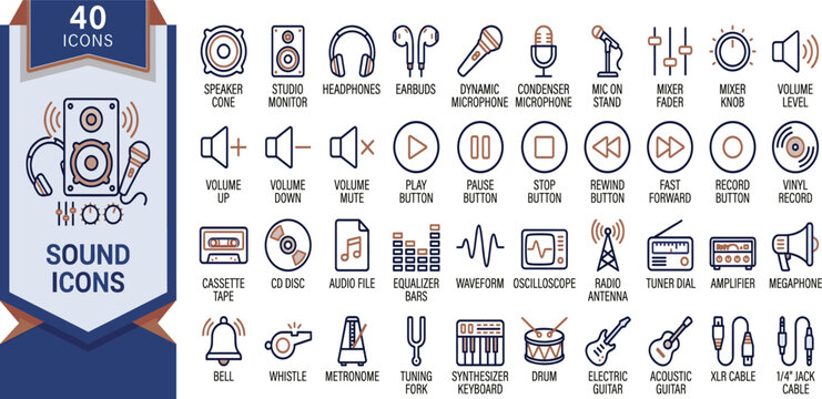 High-quality sound icons vector set, perfect for audio and music projects, featuring speakers, microphones, headphones, and sound waves