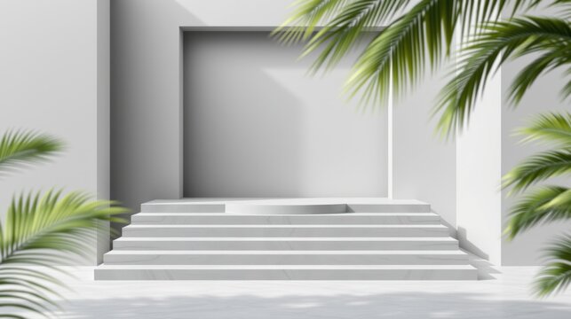 Minimalist stage design. Gray steps lead to recessed wall opening. Palm leaves frame composition, creating tropical vibe. Clean lines, soft shadows.