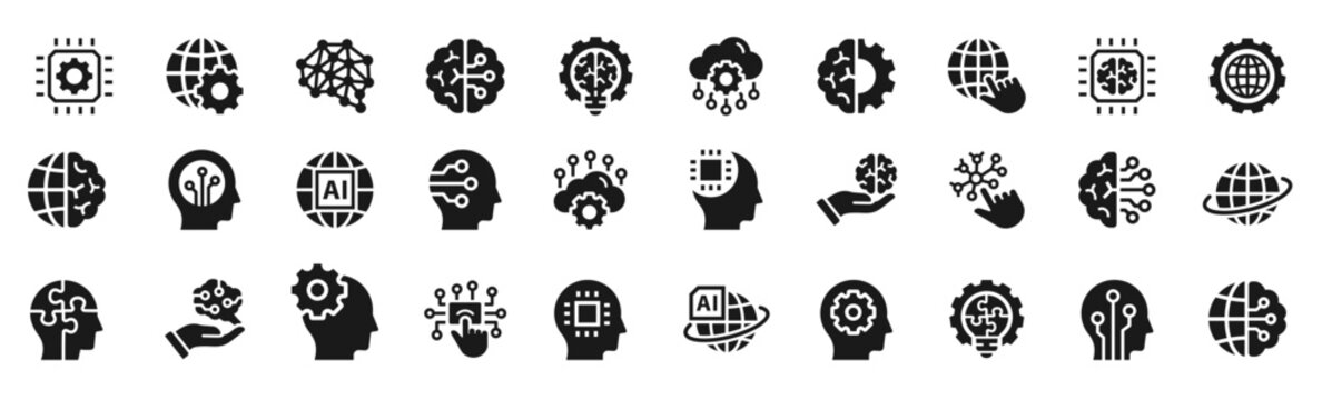 Artificial intelligence and brain icons with neural networks, cyber brain, global connectivity and processor chip elements. Minimalist symbol collection for future software, smart systems and deep lea