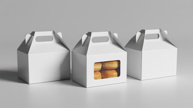 Three white cardboard gable boxes with window for donuts mockup