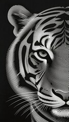 Naklejka premium Black and white line art tiger head portrait with engraved stripe pattern on dark moody studio background