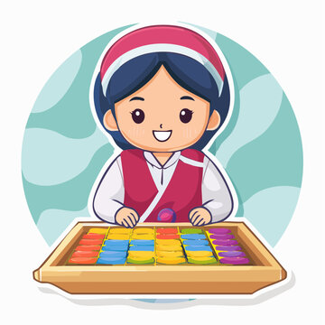 Cute Cartoon Girl Playing Traditional Korean Game Yut Nori
