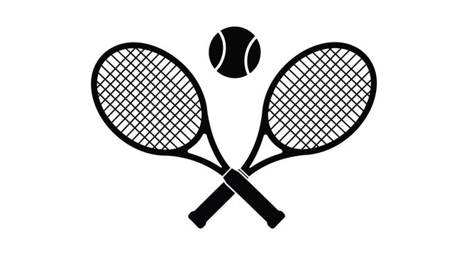 Two crossed tennis rackets positioned perfectly with a single black tennis ball on white background