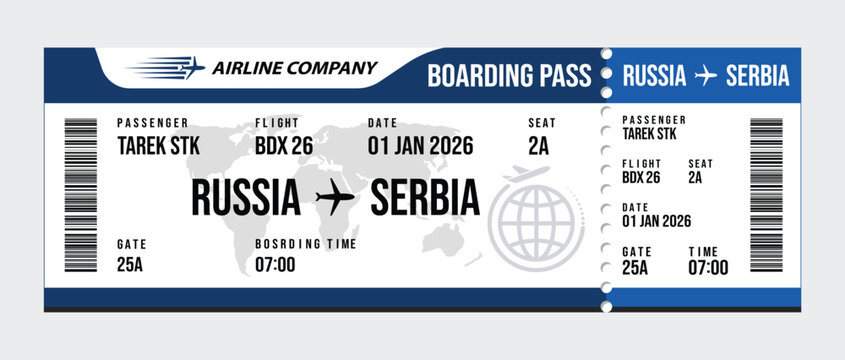 Airline boarding pass ticket for russia to serbia flight travel