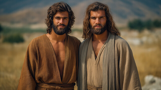Cain and Abel standing side by side, biblical scene of brotherhood before conflict, calm yet meaningful atmosphere