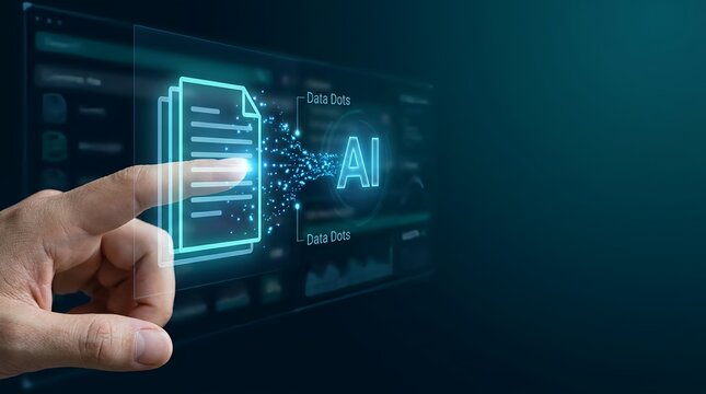 hand pointing to futuristic ai hologram interface on dark tech background with glowing blue light