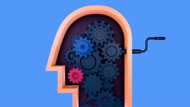3D animation of human head silhouette with rotating mechanical gears and cogs inside. Manual hand crank turns internal mechanism. Concept of mental processing, brain logic, psychology, social engineer