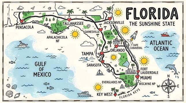Hand Drawn Florida State Map with Cities and Landmarks
