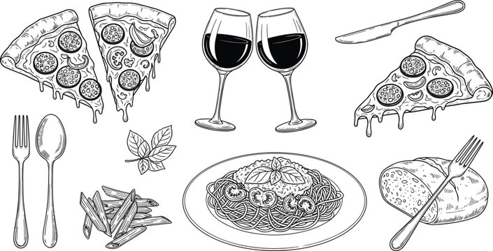 Hand drawn vector set of Italian food elements including pizza slices spaghetti pasta and wine glasses