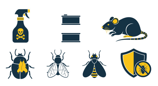 Pest Control Icons: Spray, Barrels, Rat, Insects, Shield - Vector Illustration