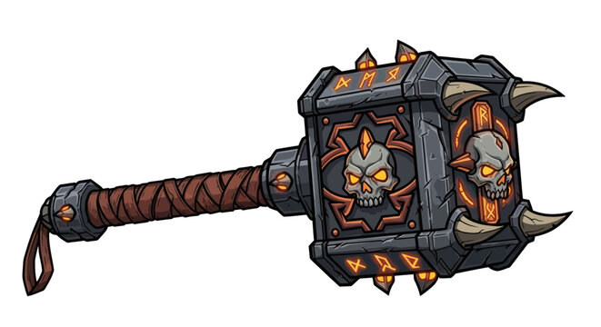 Fantasy Skull Warhammer, Medieval Weapon, Orc Axe, Dark Magic Battle Axe, Pixel Art