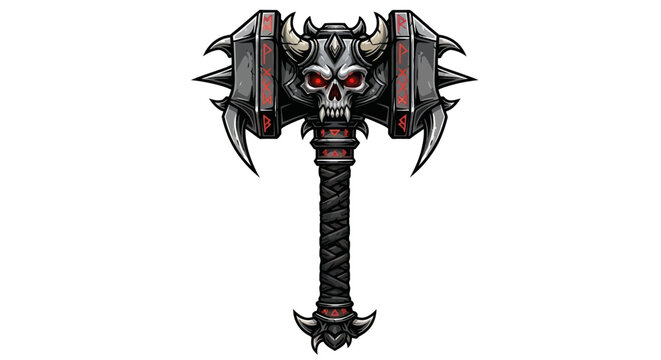 Fantasy Skull War Hammer with Spikes, Dark Weapon Illustration