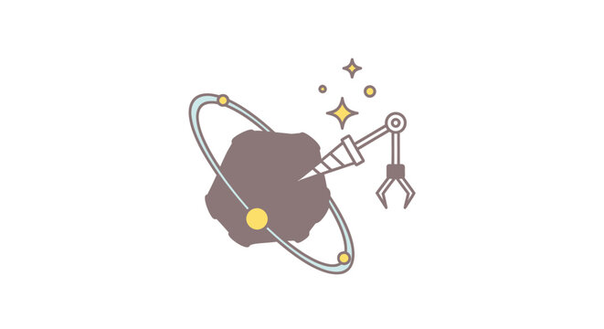Asteroid mining robot drilling space rock with orbiting ring and stars