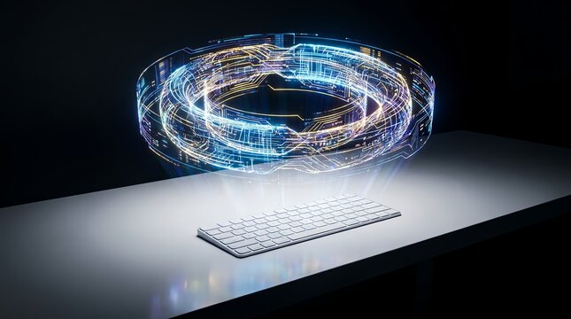 Futuristic glowing digital data torus hovering over a minimalist white desk with a computer keyboard