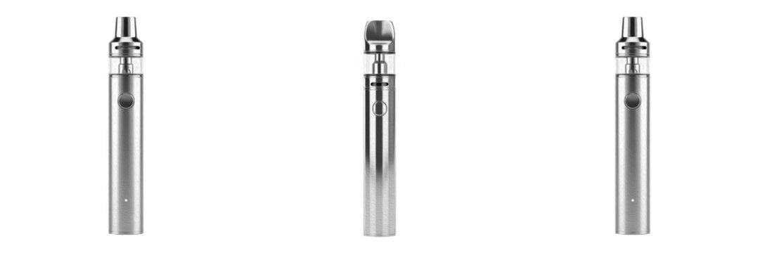 Silver Metal Vape Pen Electronic Cigarette Mockup, High Quality Vaping Device on Transparent Background, 3D Render Industrial Design PNG