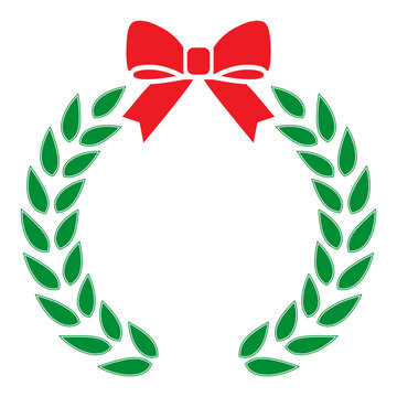 Illustration of a green laurel wreath with a red bow on a white background