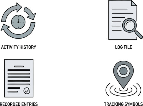 Icons representing activity history, log files, recorded entries, and tracking symbols are displayed in a clean, professional grid layout for digital documentation.