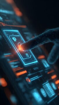 Holographic surveillance control panel with camera icon, hand interaction, blue HUD.