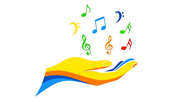 Abstract colorful pop art hand with floating musical notes