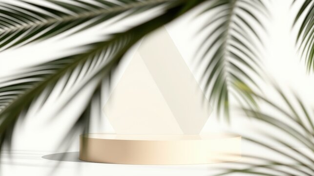 Minimalist scene. Beige pedestal, triangular shape, palm leaves framing composition. Soft lighting, clean aesthetic. Simple presentation.