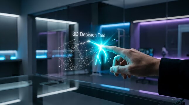 Hand interacting with futuristic 3D decision tree hologram in modern office with neon lighting