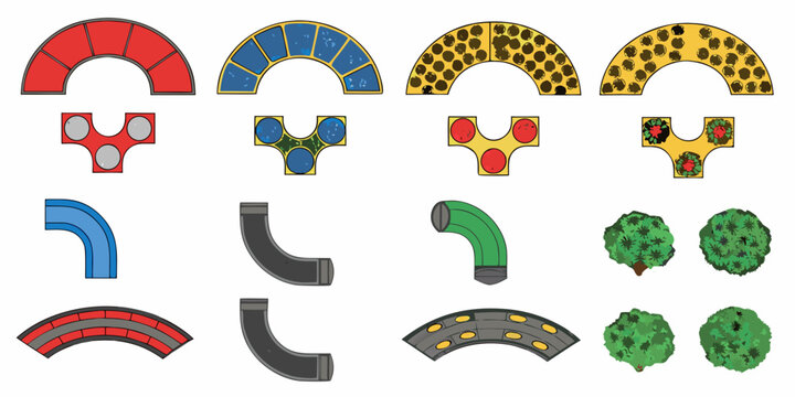 Building blocks and curved parts colorful vector illustration on white background