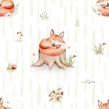 Watercolor seamless pattern of cute sleeping baby fox animal. Woodland nursery deer illustration for children wallpaper, textile and fabric pattern. 