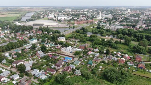 Drone flying forward descending over Kaluga city