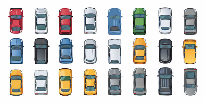 Collection of colorful cars top down view on white background