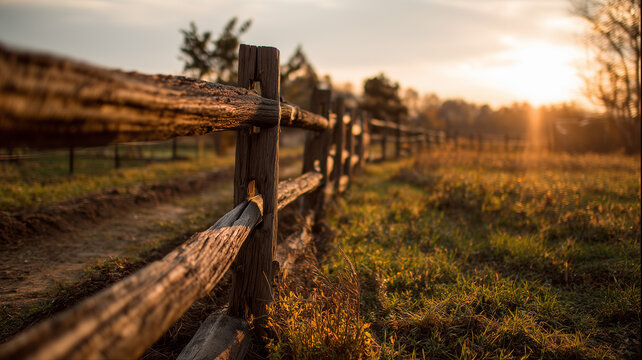 A detailed view of a rustic wooden fence running diagonally across the frame. the fence has multiple posts and horizontal rails appearing weathered. Ai generated
