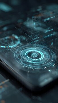 Smartphone with floating camera icon, data charts, code, binary swirls.