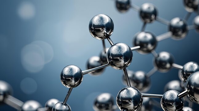 Abstract 3D rendering of a metallic molecular structure against a blurred blue background, representing science and technology