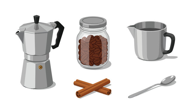 An assortment of coffee-making essentials including a Moka pot, coffee beans in a jar, a mug of coffee, cinnamon sticks, and a spoon.