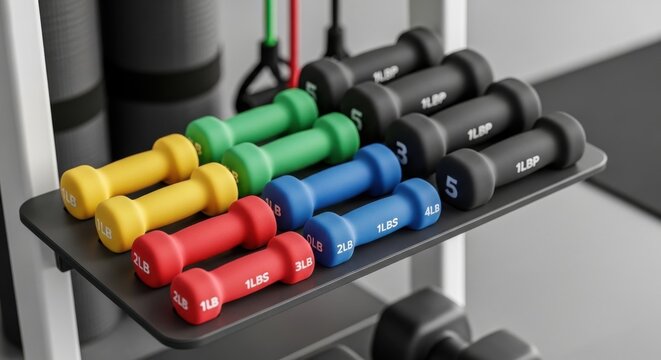 Colorful dumbbells with ergonomic grips arranged neatly on a gym rack for strength training and fitness
