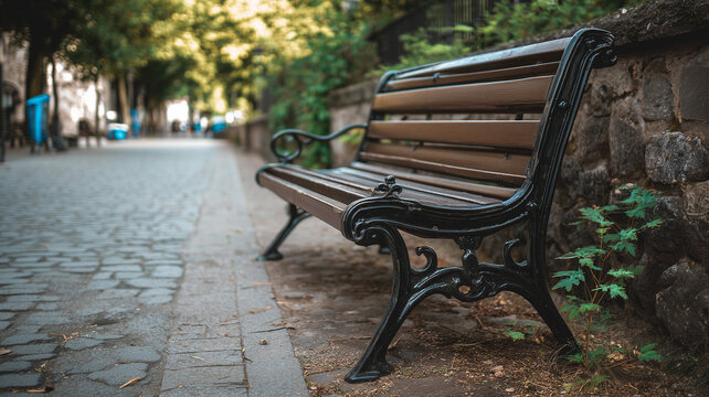 A eye outdoor shot of an empty wooden park bench with slatted wood on the back and seat. the bench has dark brown decorative metal legs and armrests. Ai generated