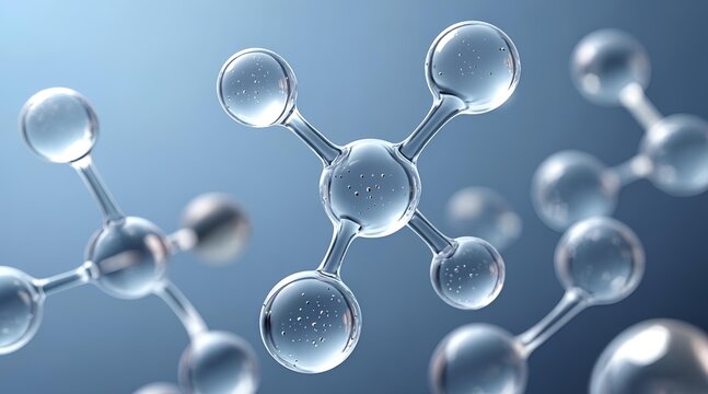 Abstract molecular structures with translucent spheres and connecting rods, representing science, chemistry, and technological innovation